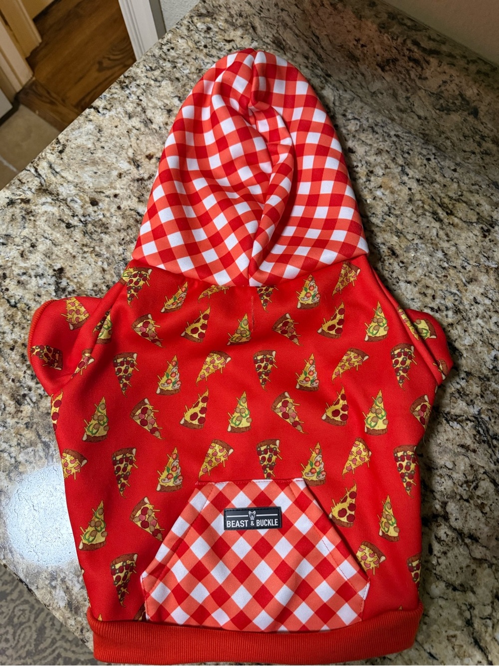 Beast + Buckle Red Pizza-Print Dog Hoodie with Gingham Hood